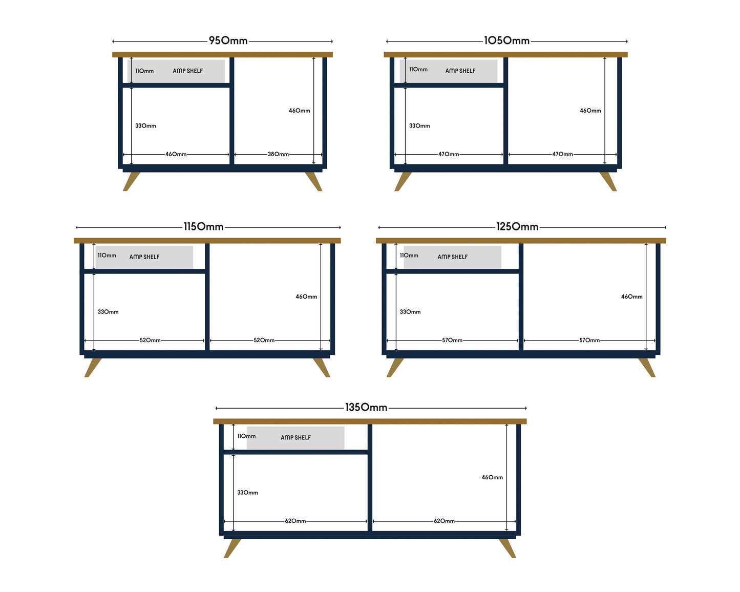 Detailed diagram displaying the dimensions of the various cabinet sizes, including overall width, height, and depth, as well as the measurements of individual compartments, shelves, and leg height.