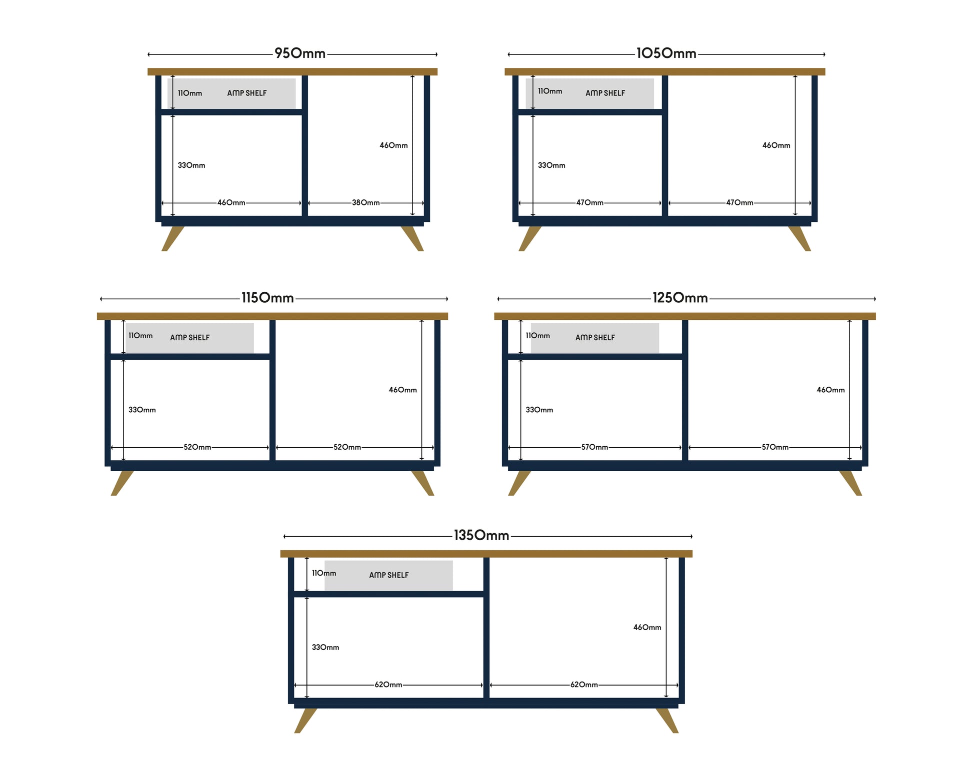 Detailed diagram displaying the dimensions of the various cabinet sizes, including overall width, height, and depth, as well as the measurements of individual compartments, shelves, and leg height.