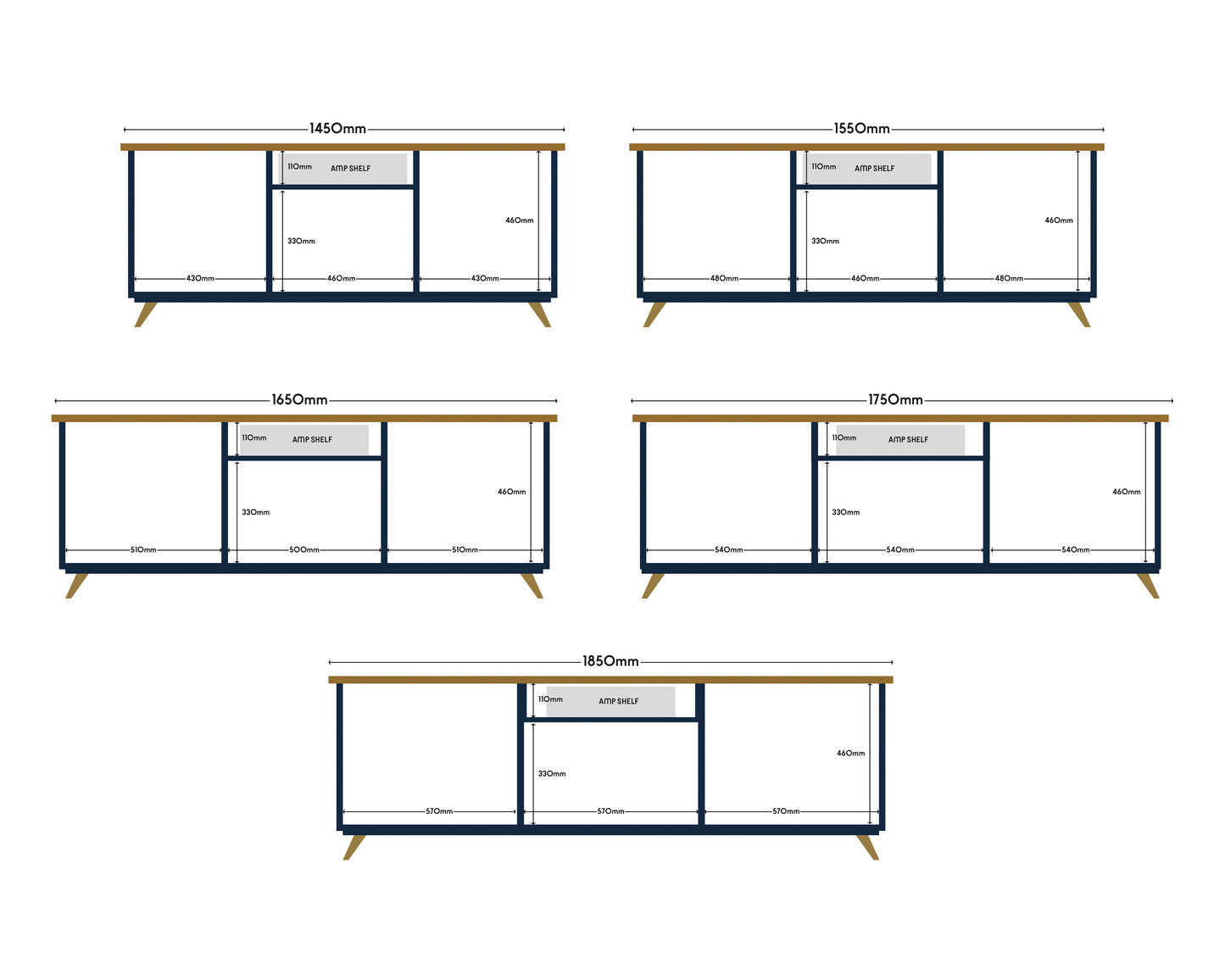 Detailed diagrams showing the measurements of each size cabinet, detailing the sizes of the openings, overall height and width.