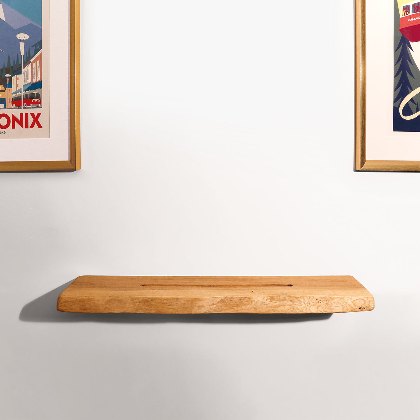 Beautiful live edge oak now playing shelf that has a pre-cut groove to house vinyl sleeves.  Great for showcasing what record is currently playing.