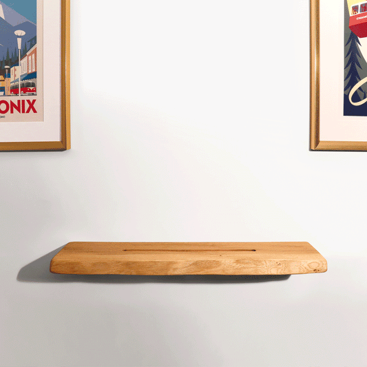 Video showcasing a live edge now playing shelf by different vinyl sleeves flicking from one to another. All sat neatly in the cut out slot.